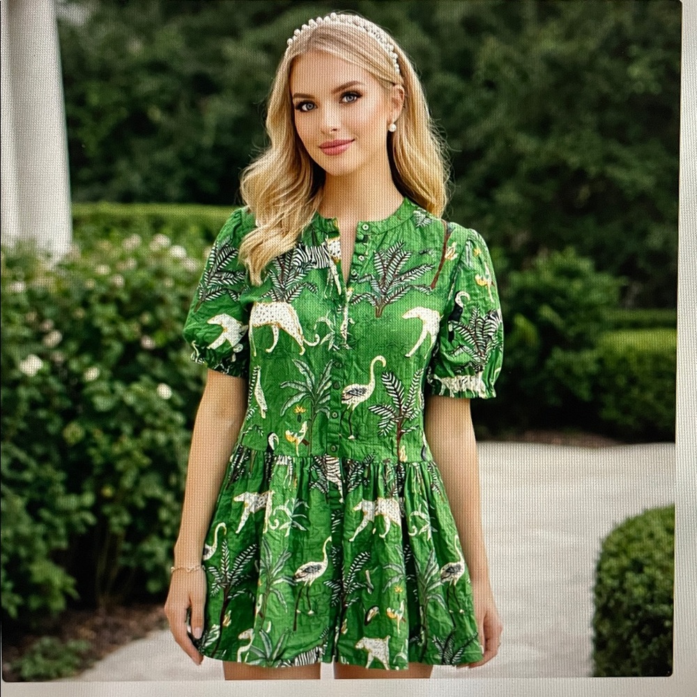 Fox & Hen Camden Alabama Boutique Green Jungle Tiger Print Poplin Mini Dress M